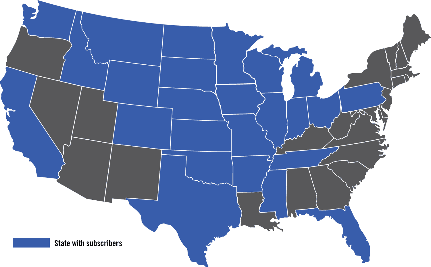 US map with shaded states indicating subscriber base